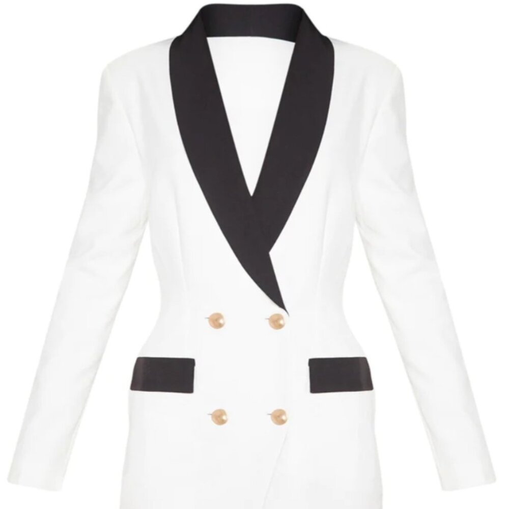 New! White Gold Button Contrast Blazer Dress